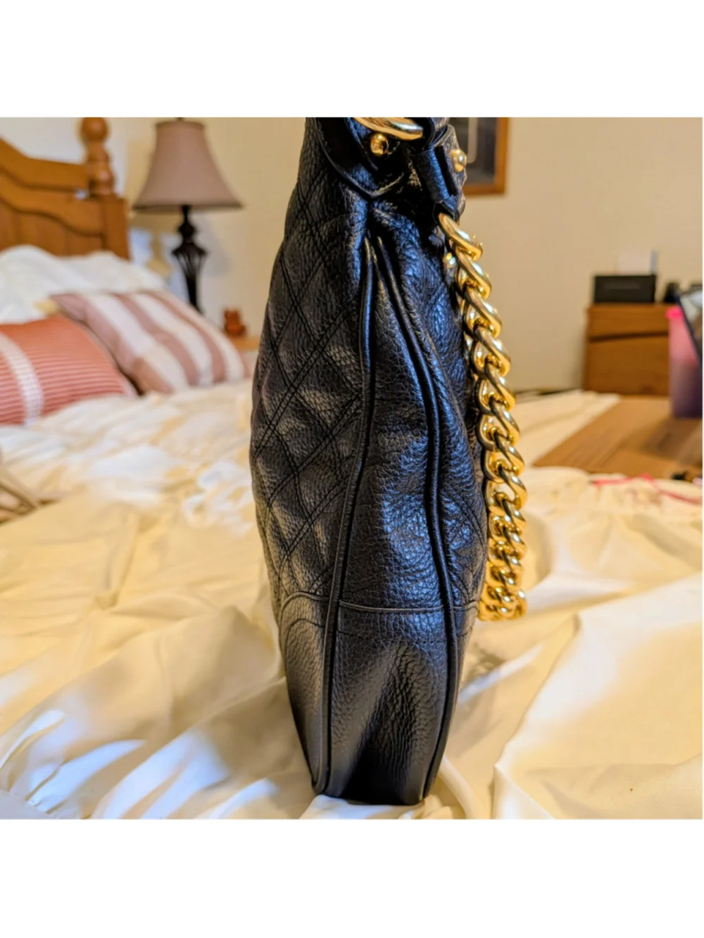 Y2K Quilted Leather Chain Shoulder Bag Black Gold Hardware Designer Inspired